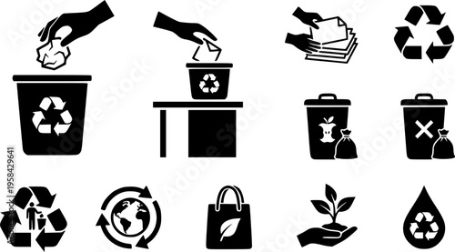 Hands disposing of crumpled paper into waste bins recycling concept – Black Vector Illustration