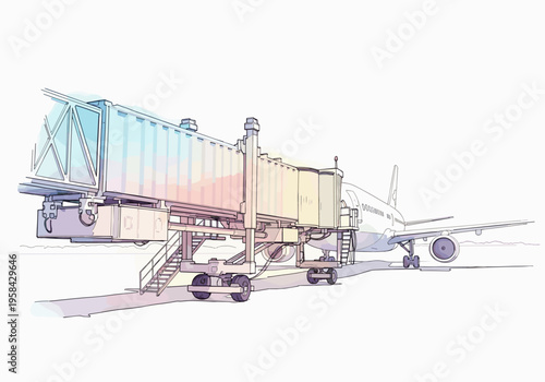 Modern jet bridge connected to an airplane at the airport terminal