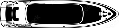 Modern naval architecture and yachting icon featuring a simple black silhouette of a luxury yacht deck plan in top view – Black and White Vector Illustration