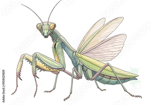 Detailed illustration of a green praying mantis with delicate wings and sharp forelegs