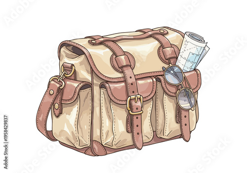 Vintage satchel bag with map and sunglasses, ready for adventure