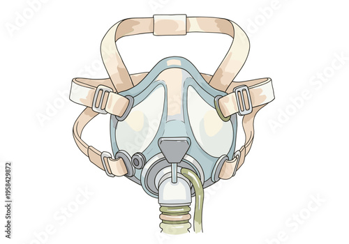 Illustration of a protective breathing apparatus with straps and hose