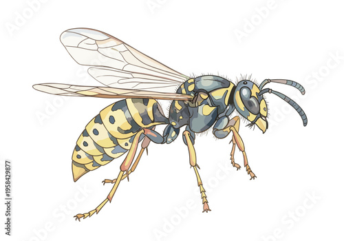 Detailed illustration of a yellow and black striped wasp with transparent wings