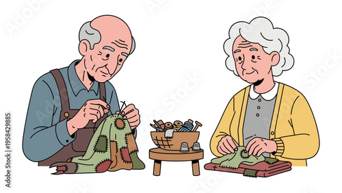 Elderly Couple Crafting Textiles: An elderly couple, sharing a quiet moment, focuses intently on the delicate art of textile crafting, creating a warm, artisanal piece with meticulous care.