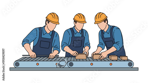 Workers on Assembly Line: The image shows the teamwork of workers who are busy working in the assembly line. The workers use tools to process the product, and their hands are busy on the line.