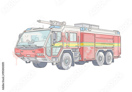 Modern fire engine vehicle with water cannon and multiple axles, illustrated in a clean line art style