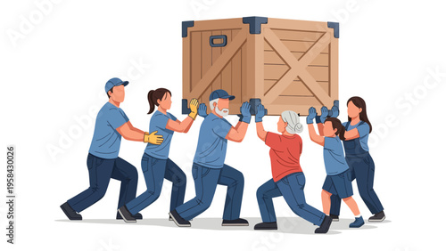 United Efforts in Teamwork: A group of individuals, united in purpose, carries a heavy wooden crate, illustrating the power of collaboration and mutual support in achieving a common goal. 