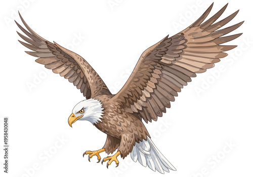 Majestic bald eagle in flight with wings spread wide, ready to land