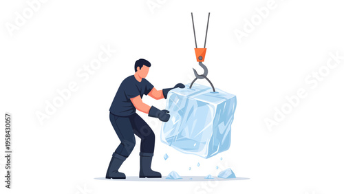Lifting Giant Ice Cube: A worker is carefully handling and lifting a huge ice cube using a crane hook, demonstrating manual labor in a industrial context. 