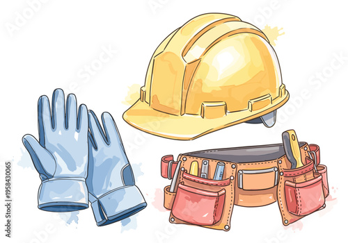 Construction safety gear including hard hat, gloves, and tool belt with instruments