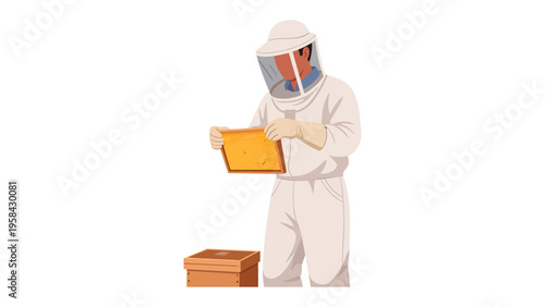 The Beekeeper's Inspection: A beekeeper, clad in protective gear, meticulously inspects a honeycomb frame, illustrating dedication to the craft.