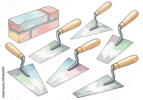 Collection of bricklaying trowels and building bricks with watercolor effect