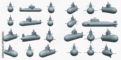 Set of Submarine Vectors: Military Vessels from Various Angles and Perspectives.