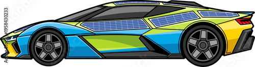 Futuristic solar powered supercar with green and blue livery