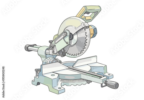 Modern miter saw with sharp circular blade for precise woodworking cuts