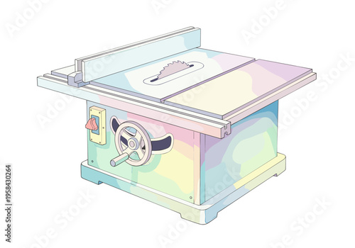 Colorful illustration of a table saw with a spinning blade and adjustment wheel