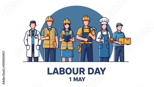 Labor Day Appreciation: A diverse group of essential workers stand united, symbolizing the hard work and dedication of the workforce and showing gratitude for their contributions to society. 