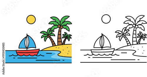 Tropical Island Beach Scene with Sailboat and Palm Trees Vector Illustration Set for Coloring Book and Summer Vacation Design