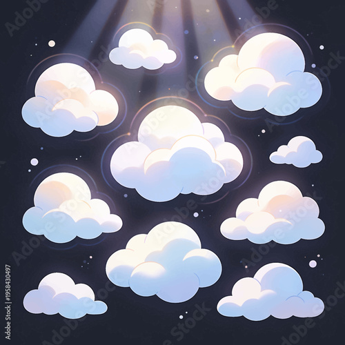 Ethereal white clouds illuminated by divine light rays from above on dark blue background with glowing particles and soft halo effects for spiritual themes and heavenly dreamlike concept designs