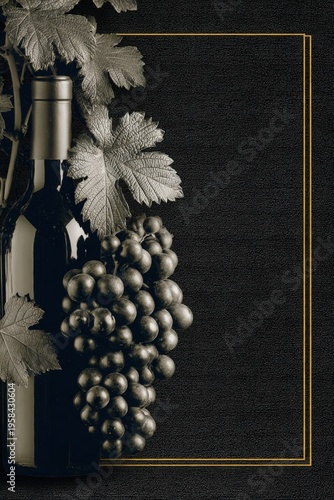 Elegant still life of a wine bottle with grapes and leaves against a dark background