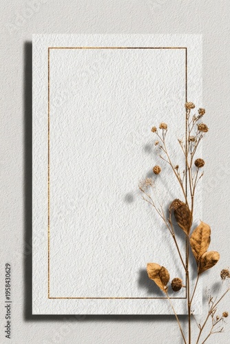 Elegant blank card with golden border and dried flowers, set against a textured background