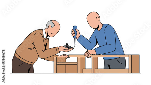 Teamwork Crafting: A father and son engage in the art of carpentry, working in harmony to bring a wooden creation to life with precision and patience. 