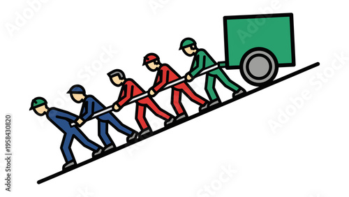 Uphill Struggle: A team of workers, united in effort, battles against an incline, their coordinated pull driving a cart towards an unseen goal, symbolizing determination.