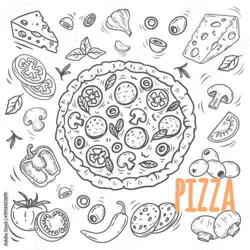 hand drawn set of pizza. Set of pizza ingredients in doodle style isolated. Design on white background for for menus, pizzerias, restaurants, banners, markets. Vector illustration