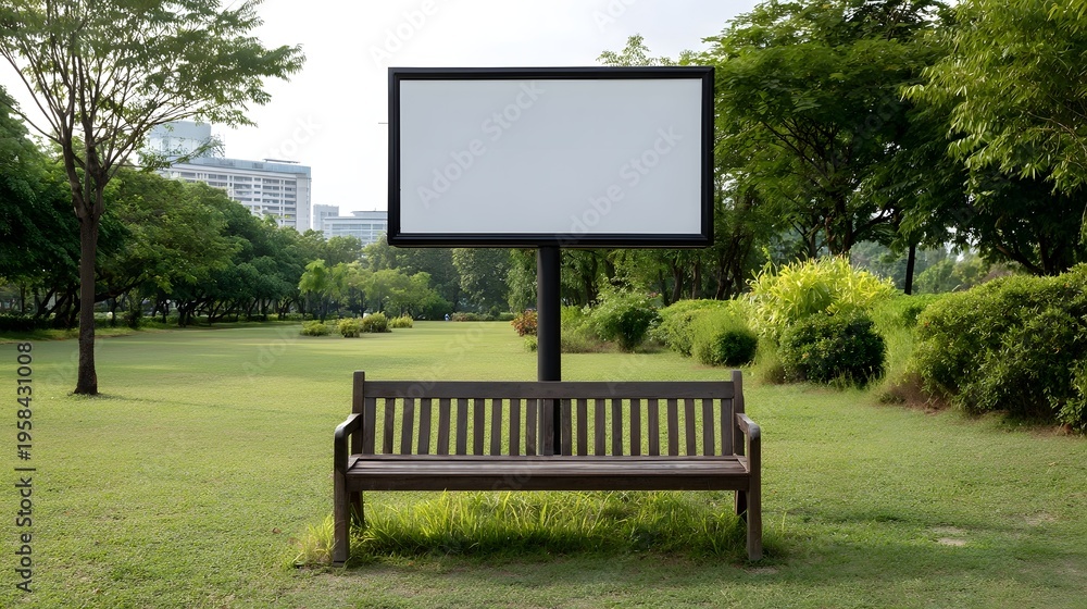 Fototapeta premium A blank modern billboard stands behind a wooden park bench in a lush green outdoor space with trees and city buildings in the background