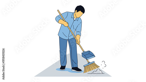 Sweeping the Ground: A diligent individual cleans and maintains the environment, utilizing a broom and dustpan to remove debris. Promoting a message of responsibility and cleanliness.