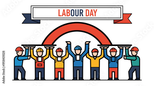 Labour Day Celebration: Depicts a diverse group of construction workers, united in lifting a banner signifying the spirit of Labour Day, highlighting the value of hard work and dedication.