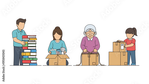 Packing and Preparing for Relocation: A family diligently prepares for a new chapter by packing belongings, boxes, sealing them. Each person contributes to the important task.