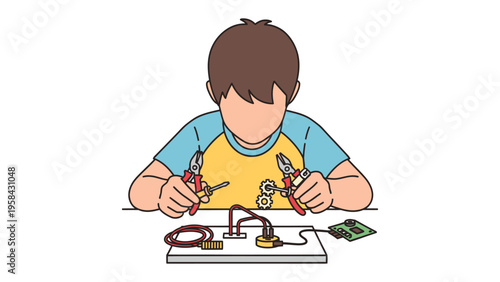 Creative Tinkering: A young individual engrossed in the art of electronics, manipulating tools, and components, crafting a project. 