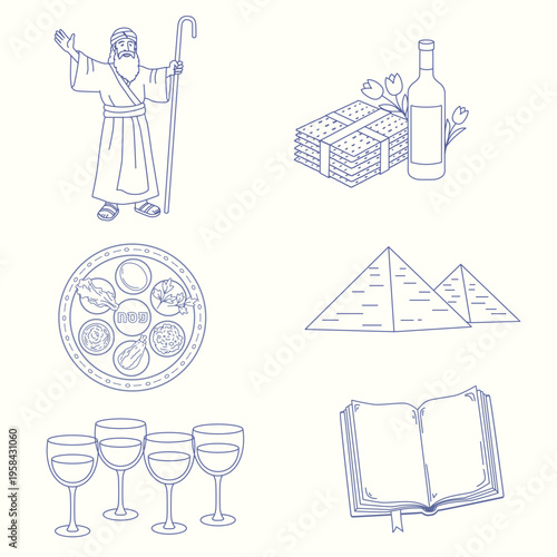 Hand drawn line art icons, Passover, prophet Moses, seder plate, matzah, ceremonial wine, Egyptian pyramids, and an open Haggadah book