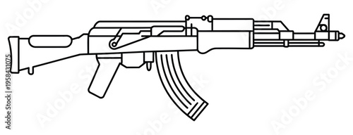 Assault Rifle Outline Vector Illustration – Tactical Automatic Gun Line Art