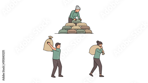 Working Together: A depiction of a community working together to carry and stack bags, symbolizing unity, collaboration, and the power of shared effort.