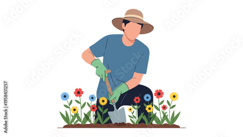 Gardener tending to flower bed: A skilled gardener, adorned in a hat and gloves, meticulously tends to a vibrant flower bed, demonstrating dedication to cultivation.
