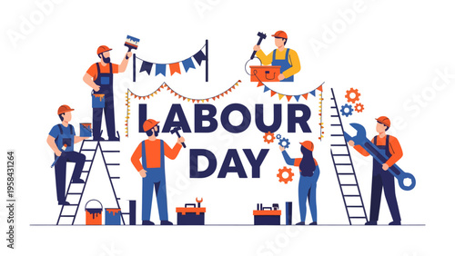 Labour Day Celebrations: A lively illustration celebrating labor day, showcasing a diverse group of laborers engaged in various trades. The image conveys unity, appreciation.