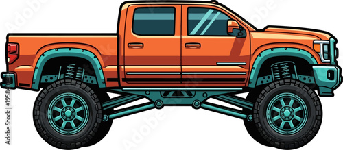 Lifted orange monster truck with heavy duty suspension
