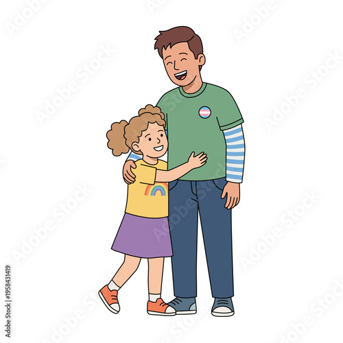 Smiling trans parent wearing pride pin hugging happy young daughter in rainbow shirt