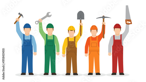 Team of Construction Workers: A group of construction workers, each holding a different tool aloft, embody skill and collaboration in the field. Representing the spirit of hard work and craftsmanship.