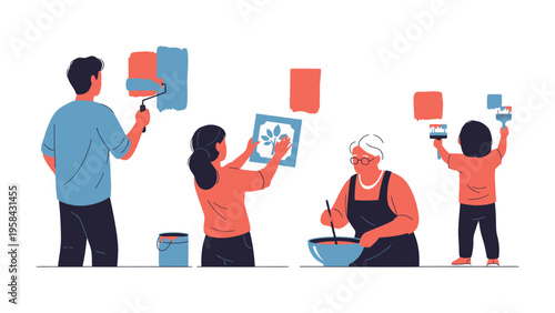 Family bonding through the arts: A heartwarming scene unfolds as a multigenerational family engages in a creative home improvement project, each member contributing to the transformation with paint.