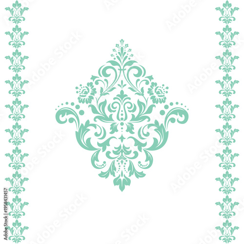 Damask graphic ornament. Floral design element. Green and white vector pattern