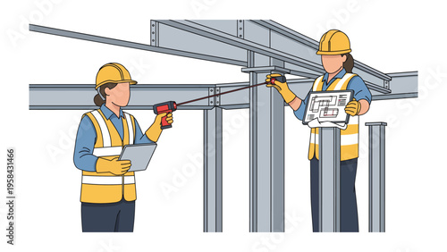 Construction inspection: Two construction workers meticulously inspect steel beams on a new build site, ensuring the structural integrity of the construction