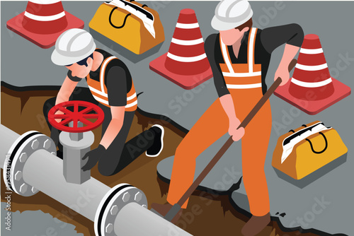 Isometric Technicians repairing underground water pipeline beneath city road to ensure efficient utility service and prevent infrastructure disruption, suitable for digital asset about pipeline