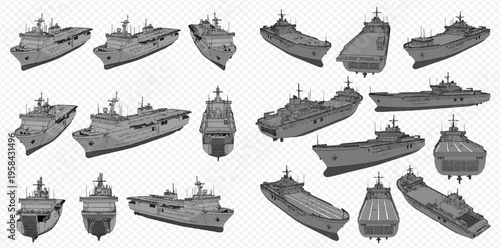 Set of various angles and views of a modern military warship or aircraft carrier on a transparent background, showcasing different perspectives for design and illustration.