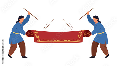 Traditional carpet cleaning: Two figures, engaged in the traditional act of cleaning a richly adorned, rolled carpet, revealing the cultural essence of cleanliness.