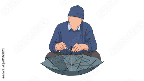 Umbrella Repair: An artisan delicately mends an umbrella, embodying the artistry of restoration and the enduring appeal of craftsmanship.