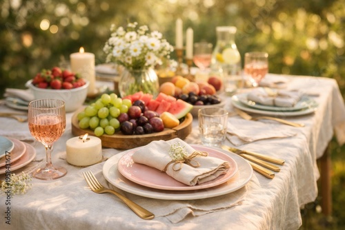 Elegant outdoor garden dinner table with fresh fruit wine and candlelight celebration setup