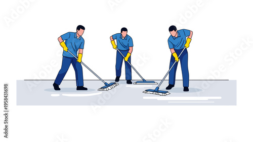 Mop Crew's Commitment: A trio of dedicated cleaning crew members, clad in matching attire, diligently employ mops to maintain immaculate cleanliness.